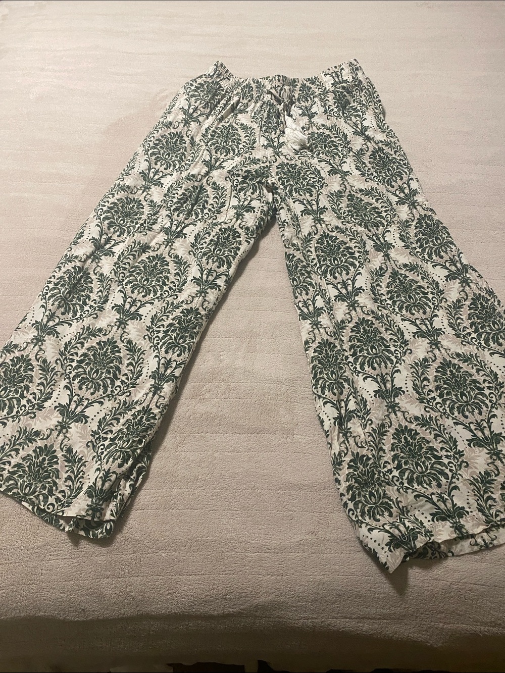 BloomChic Cream Beach Pants with Forest Green Damask Print
